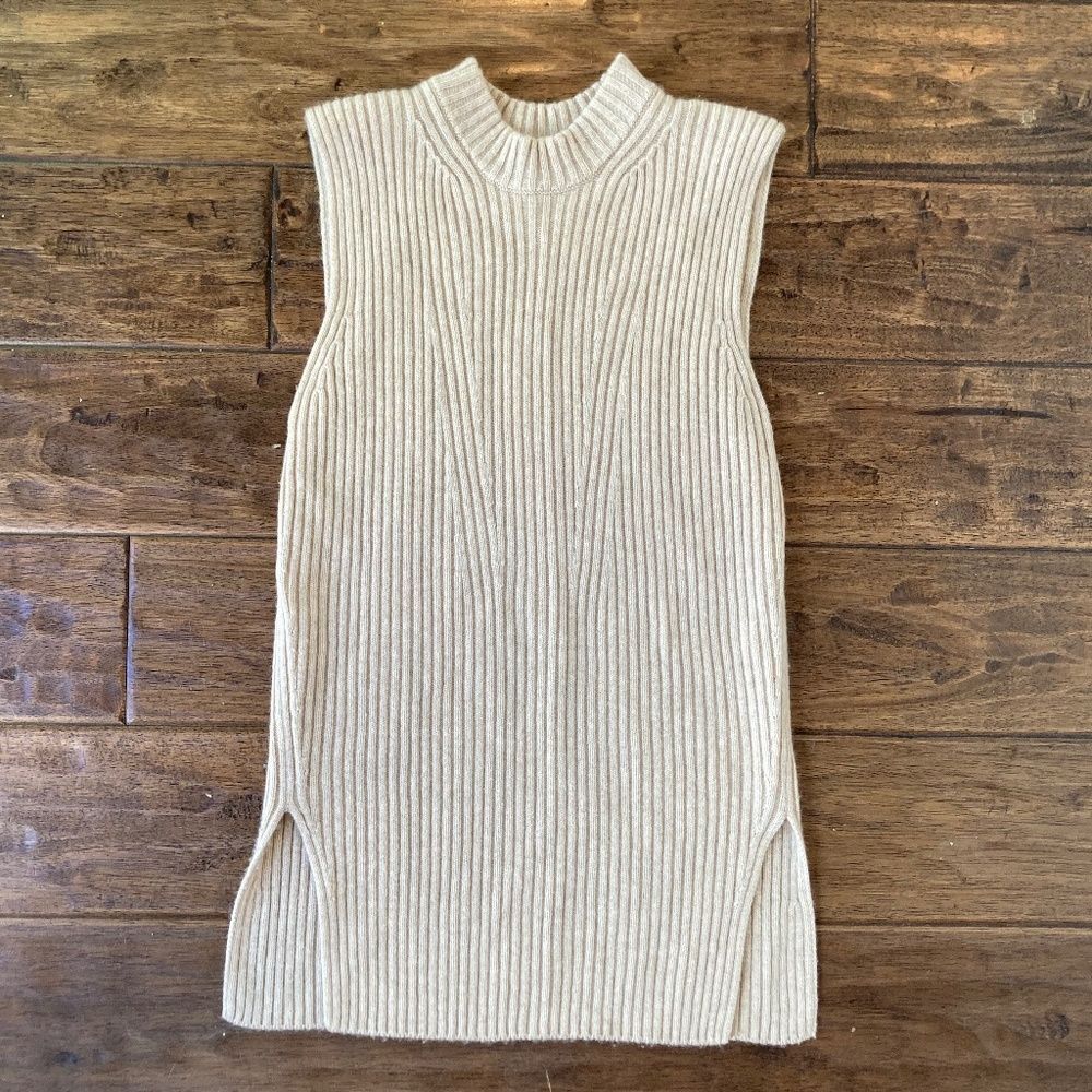 Vince Ribbed Wool Cashmere Sleeveless Tan Tunic Sweater Small Minimalist